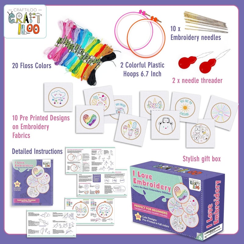 CRAFTILOO 10 Pre-Stamped Embroidery Patterns for Beginners Embroidery Kit for Kids Girls Needlepoint Kits for Beginners Cross Stitch Craft Sewing Perfect for Ages 7-13 - Image 3